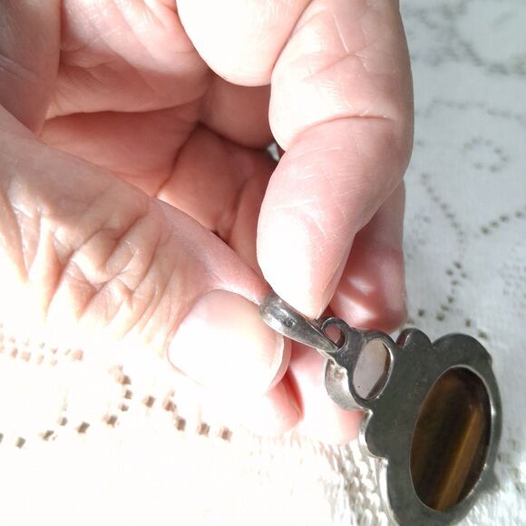 Vintage 925 Silver Real Tiger Eye & Moonstone Gemstone Oval Pendant Boho Hippie - Picture 3 of 16